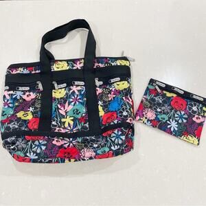 LeSportsac Lush Medium Travel Tote and Pouch Bag Set Black Multicolored Floral